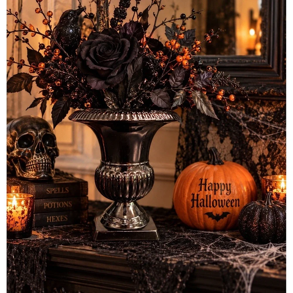 Black Urn Vase Halloween Goth Gothic Decor Glossy Pedestal 5.5